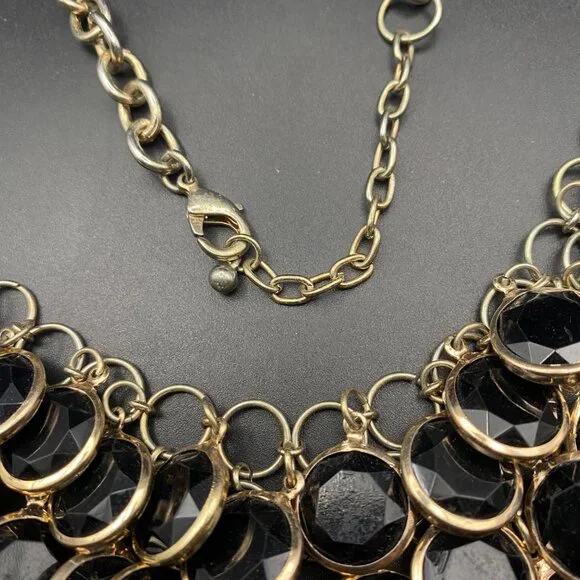 Black Faceted Acrylic Bib Necklace Muted Gold Tone Statement Color Layer 20+2" - Picture 4 of 6